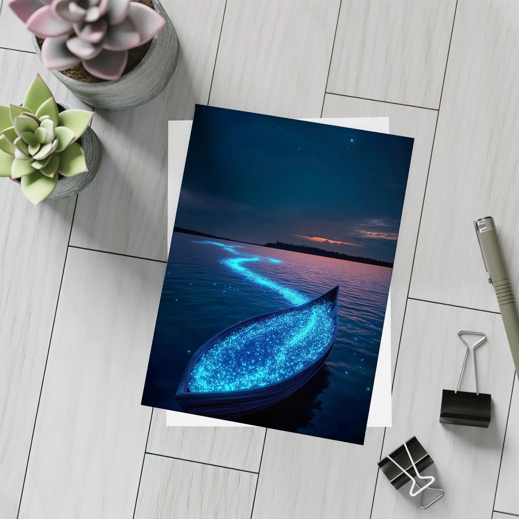 Glowing Bioluminescent Boat on Dark Night Lake – Postcards