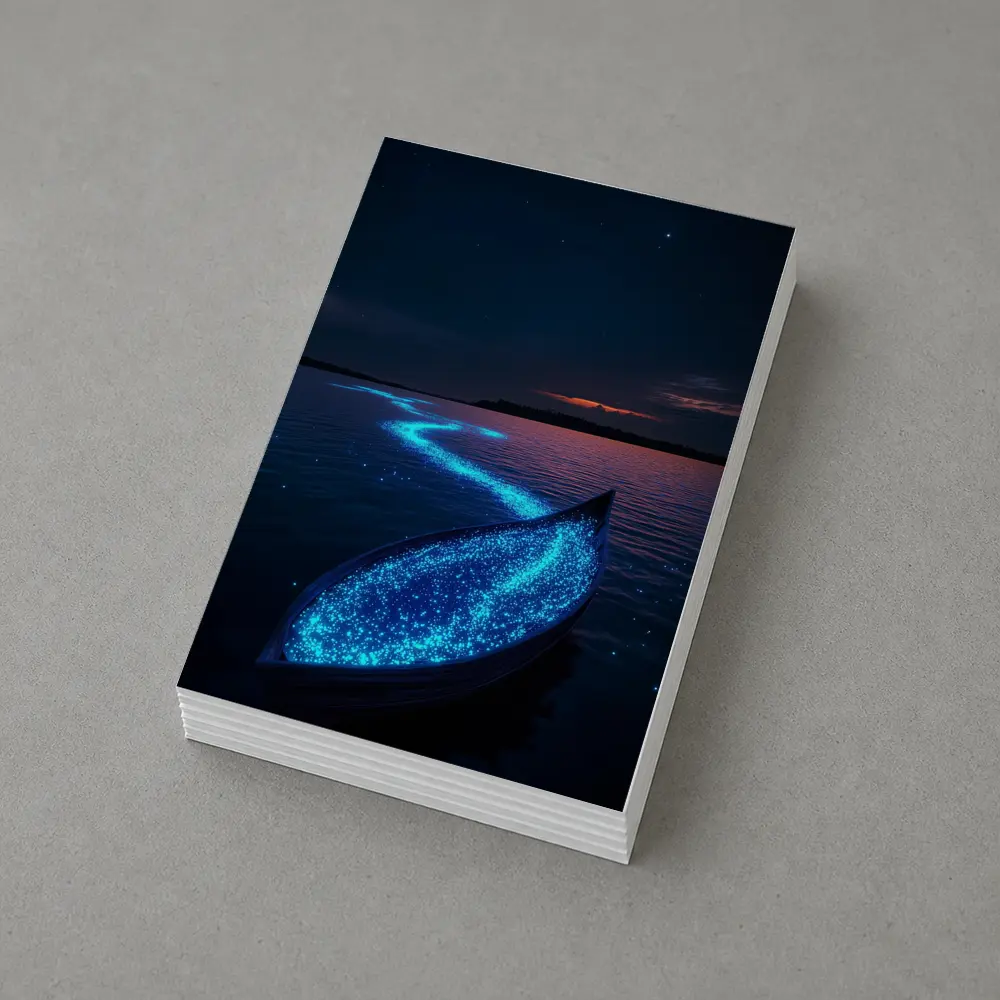 Glowing Bioluminescent Boat on Dark Night Lake – Postcards