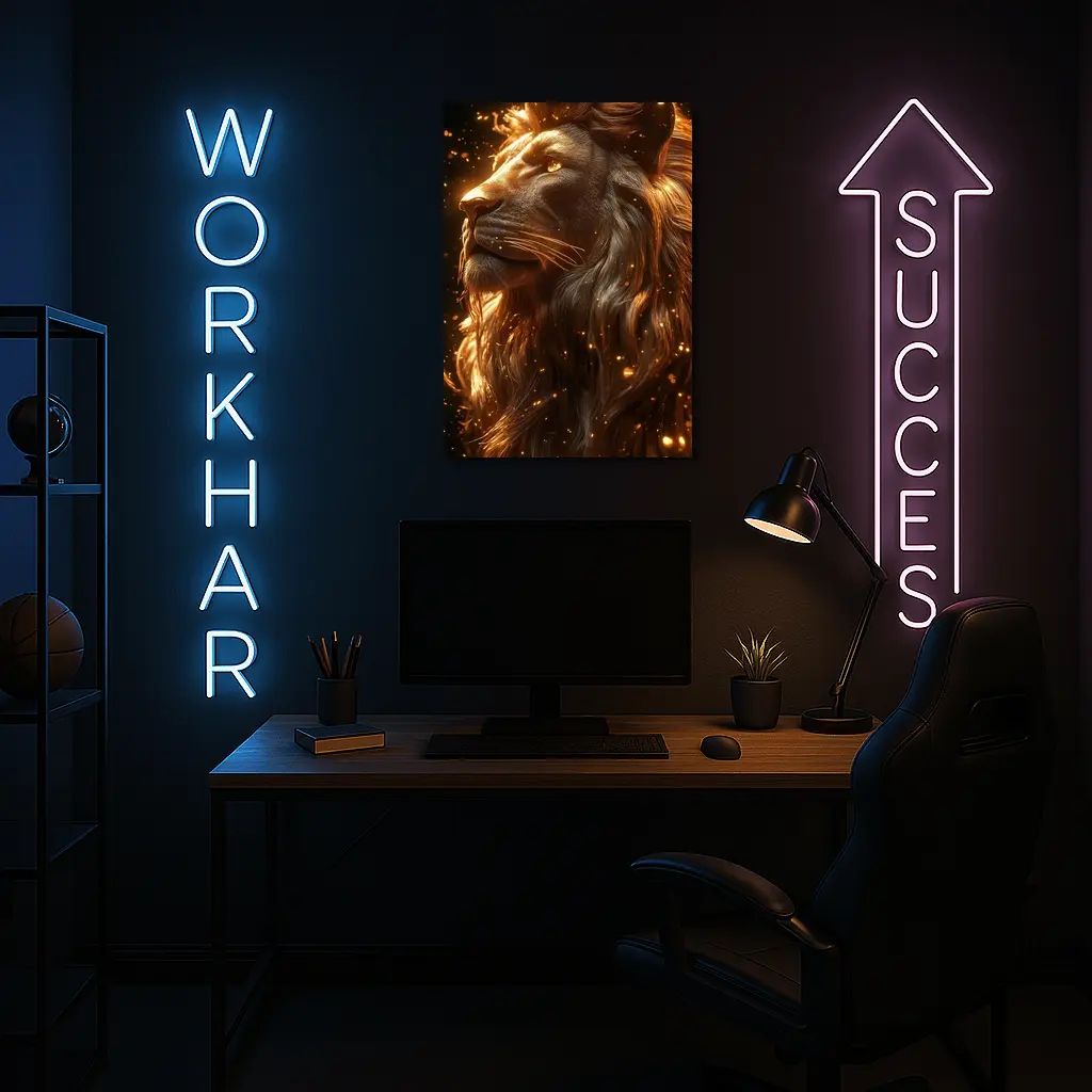 Golden Lion Profile Glowing Sparks Dark Background – Wall Art