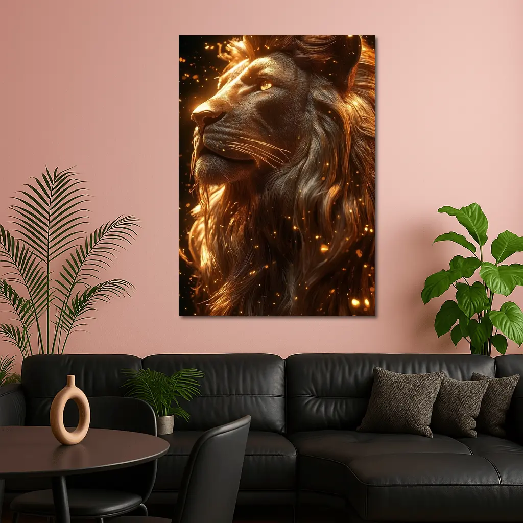 Golden Lion Profile Glowing Sparks Dark Background – Wall Art