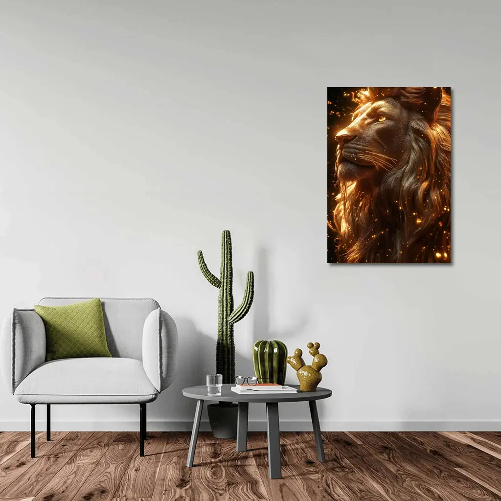 Golden Lion Profile Glowing Sparks Dark Background – Wall Art
