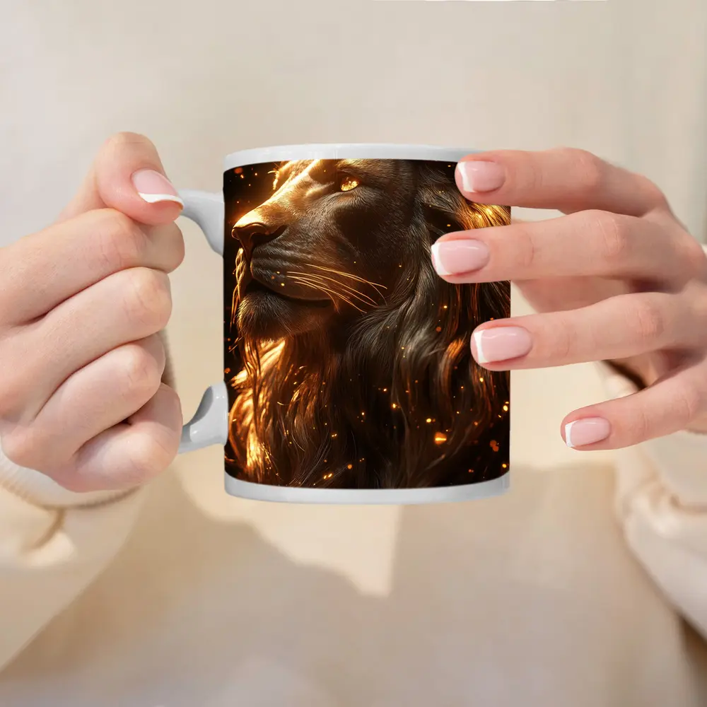 Golden Lion Profile Glowing Sparks Dark Background – Mugs