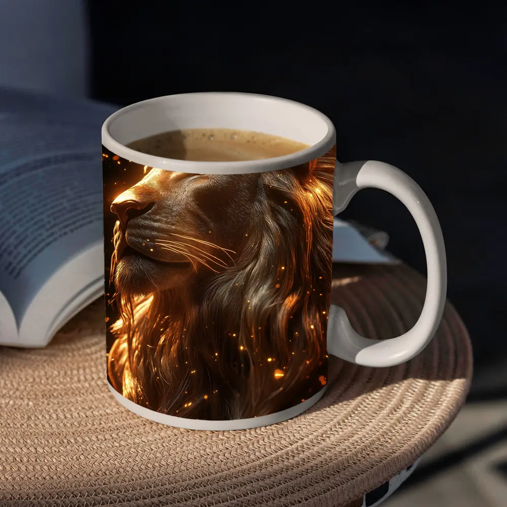 Golden Lion Profile Glowing Sparks Dark Background – Mugs