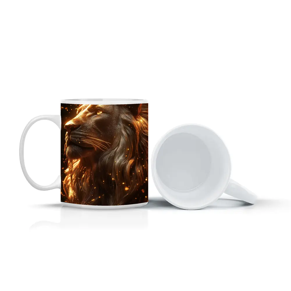 Golden Lion Profile Glowing Sparks Dark Background – Mugs