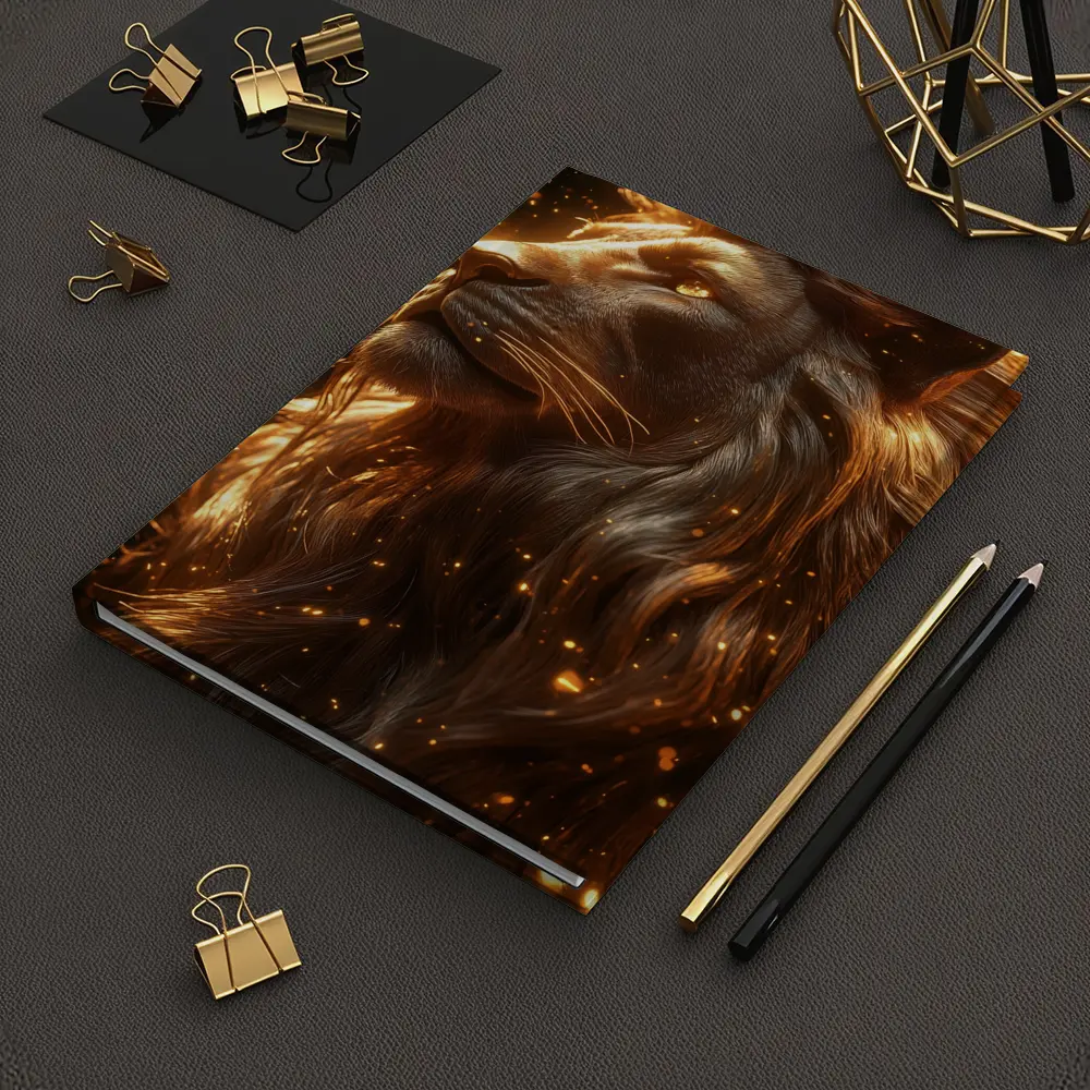 Golden Lion Profile Glowing Sparks Dark Background – Notebooks