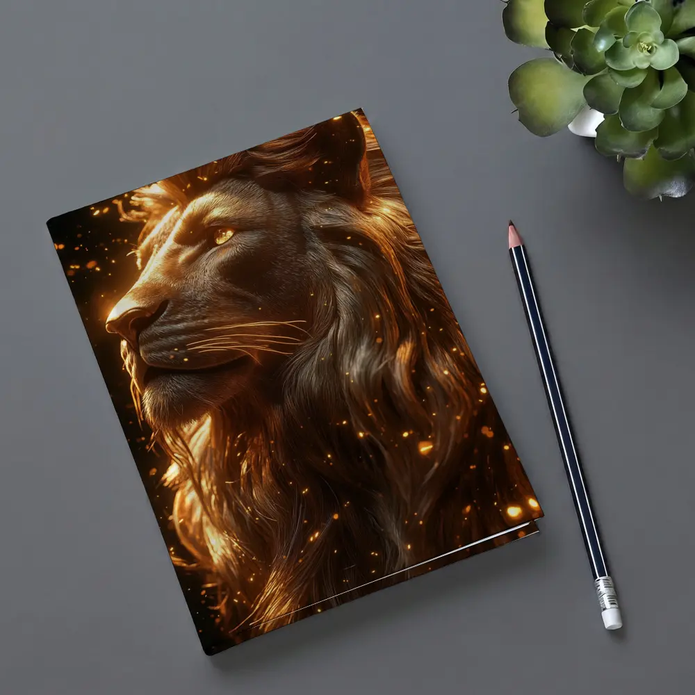 Golden Lion Profile Glowing Sparks Dark Background – Notebooks