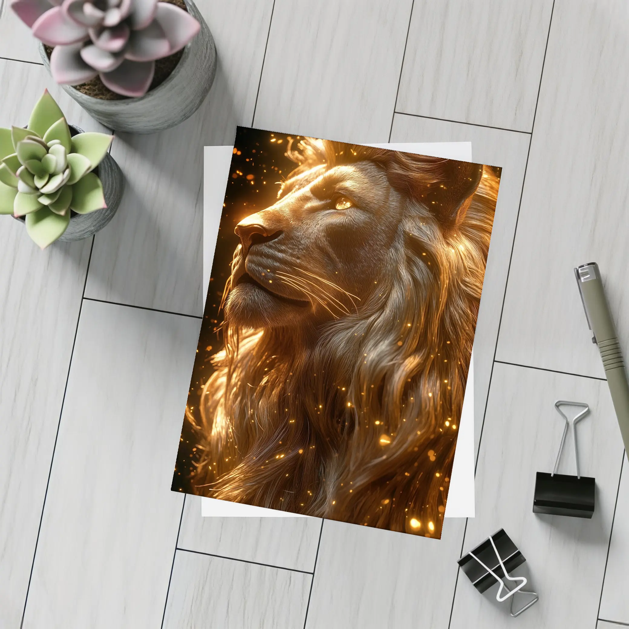 Golden Lion Profile Glowing Sparks Dark Background – Postcards