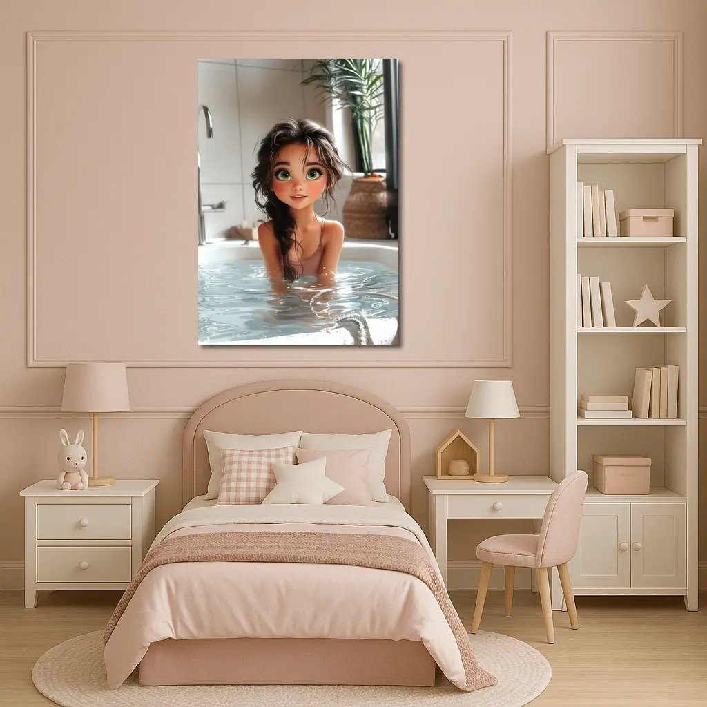 Cartoon Girl Relaxing In White Bathtub – Wall Art