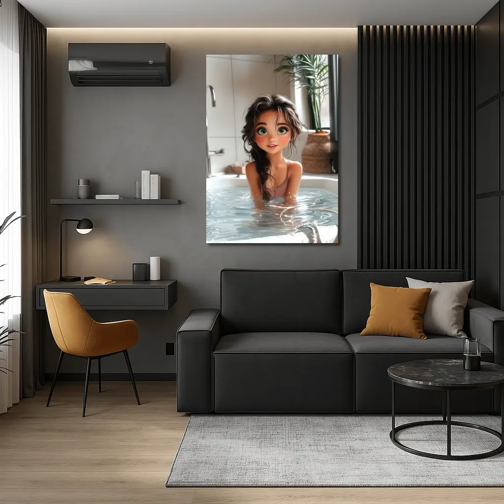 Cartoon Girl Relaxing In White Bathtub – Wall Art