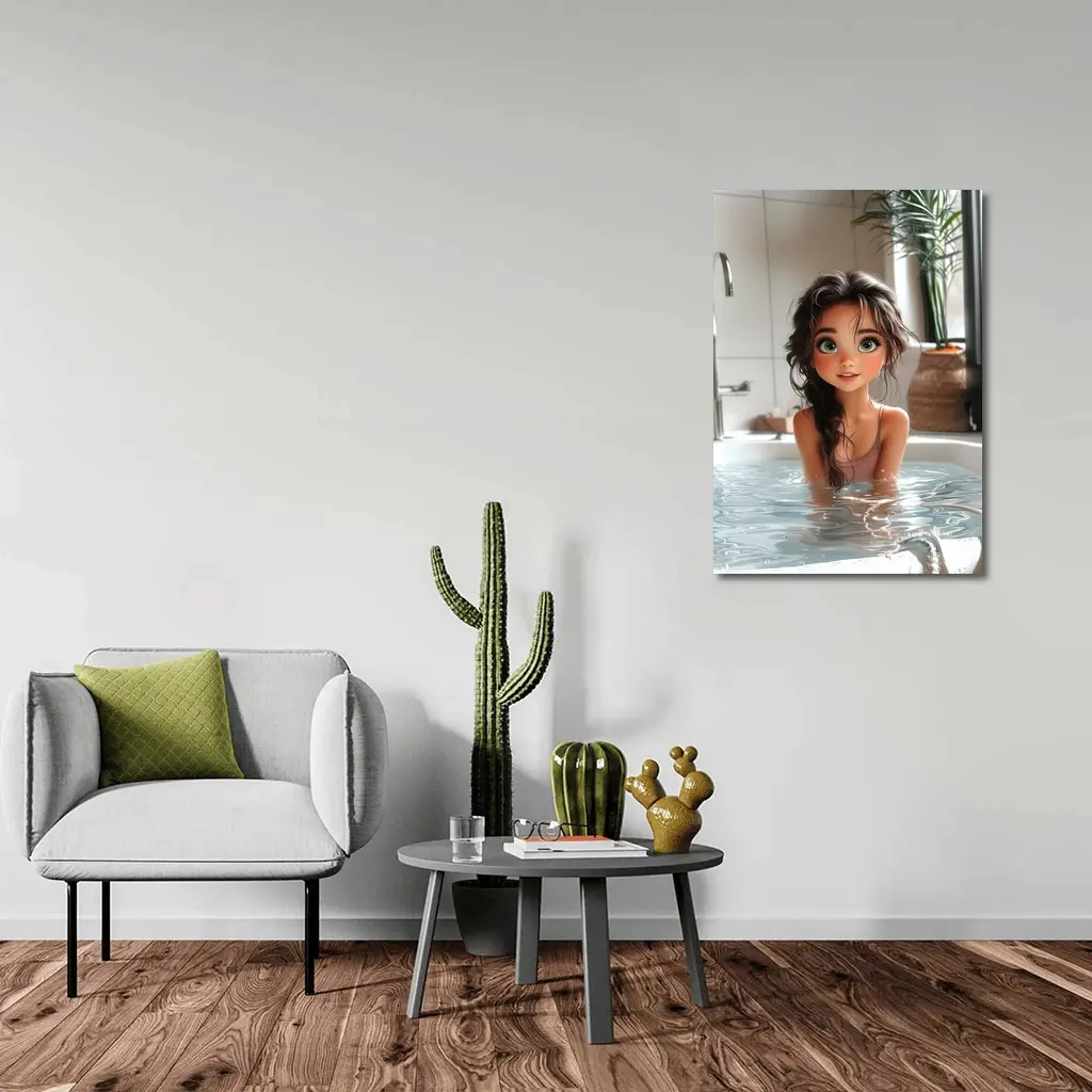 Cartoon Girl Relaxing In White Bathtub – Wall Art