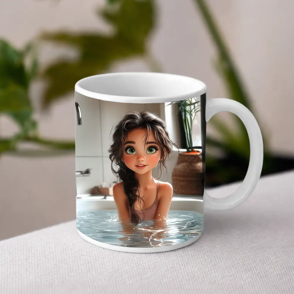 Cartoon Girl Relaxing In White Bathtub – Mugs
