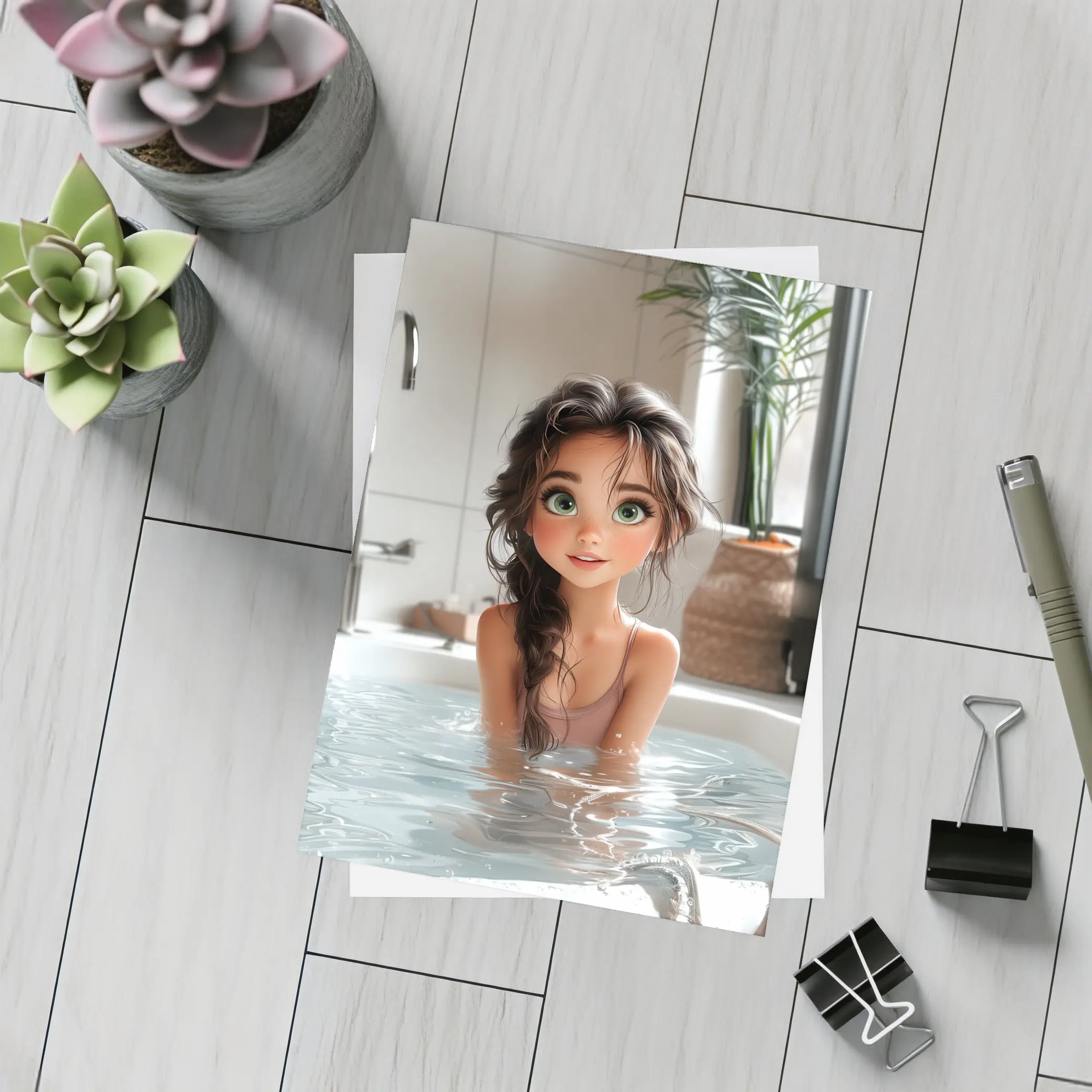Cartoon Girl Relaxing In White Bathtub – Postcards