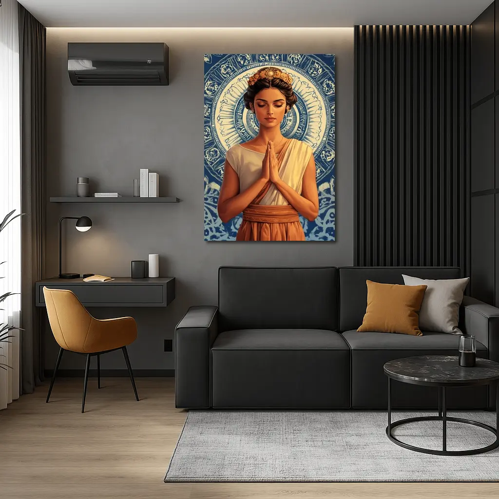 Woman Praying Mandala Blue Spiritual Art – Wall Art