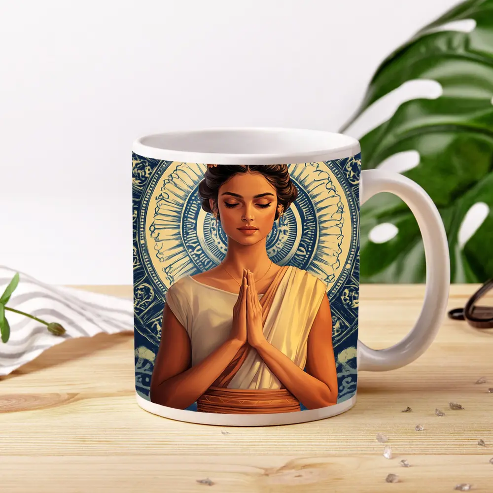 Woman Praying Mandala Blue Spiritual Art – Mugs