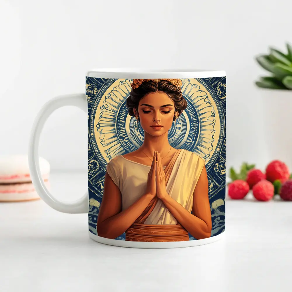 Woman Praying Mandala Blue Spiritual Art – Mugs