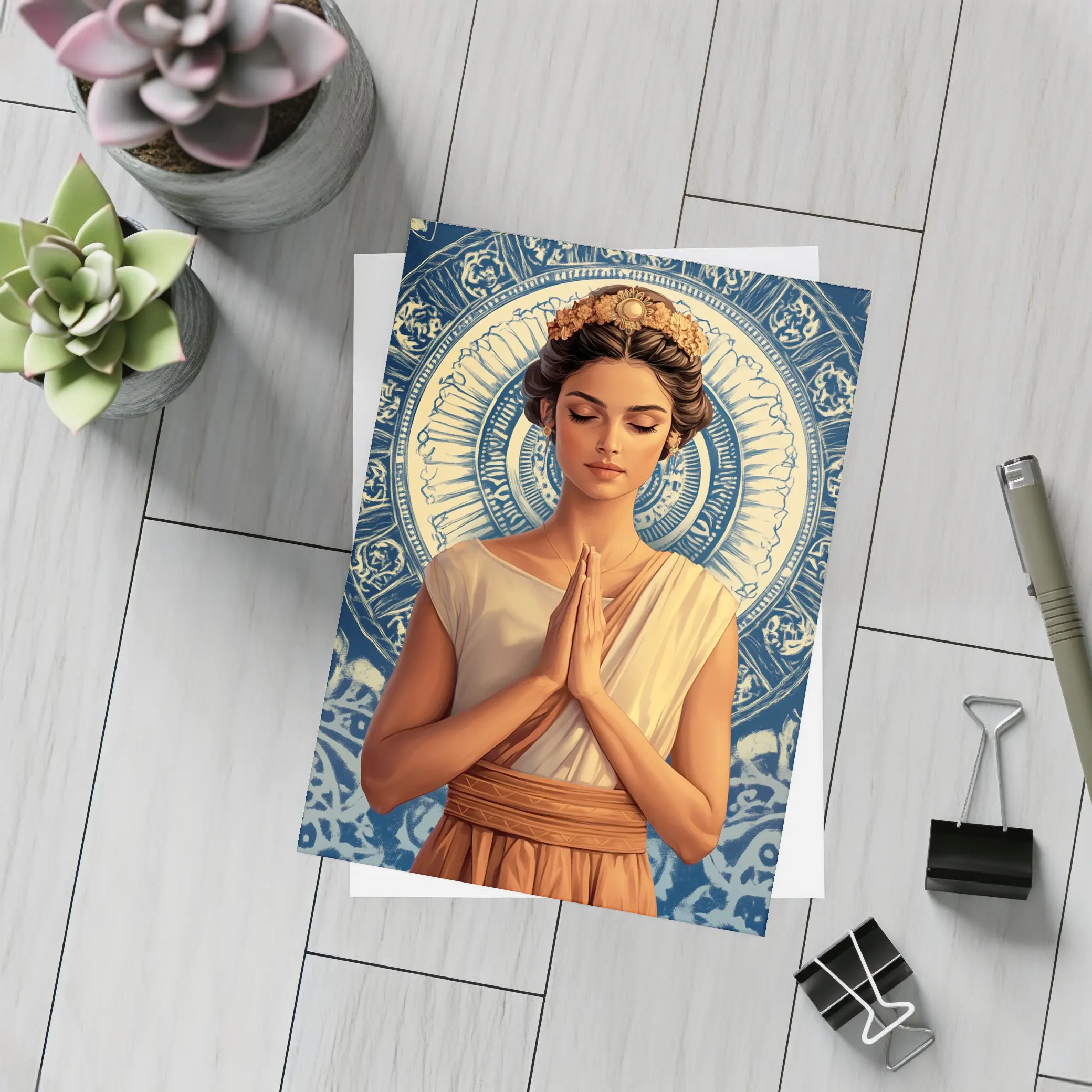 Woman Praying Mandala Blue Spiritual Art – Postcards