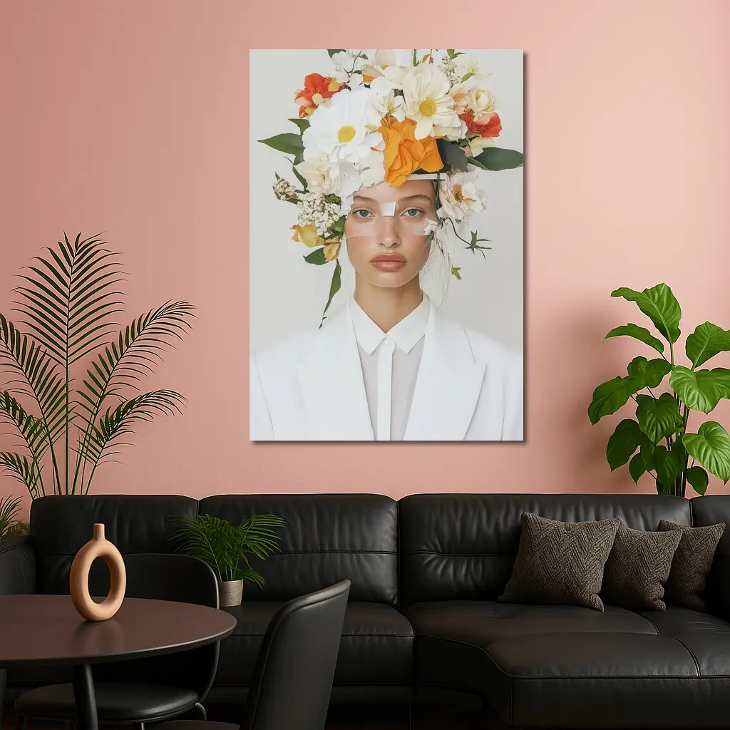 Woman White Suit Floral Crown Fashion Portrait – Wall Art