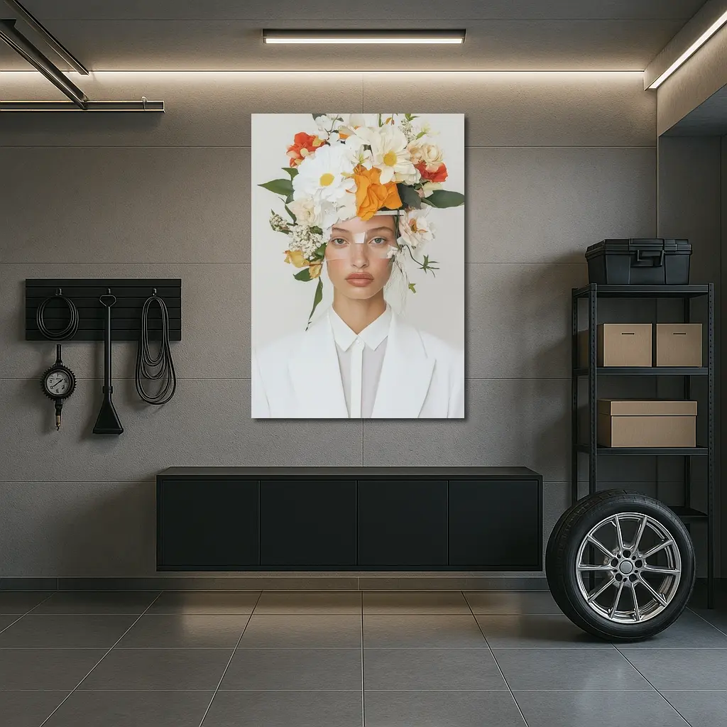 Woman White Suit Floral Crown Fashion Portrait – Wall Art