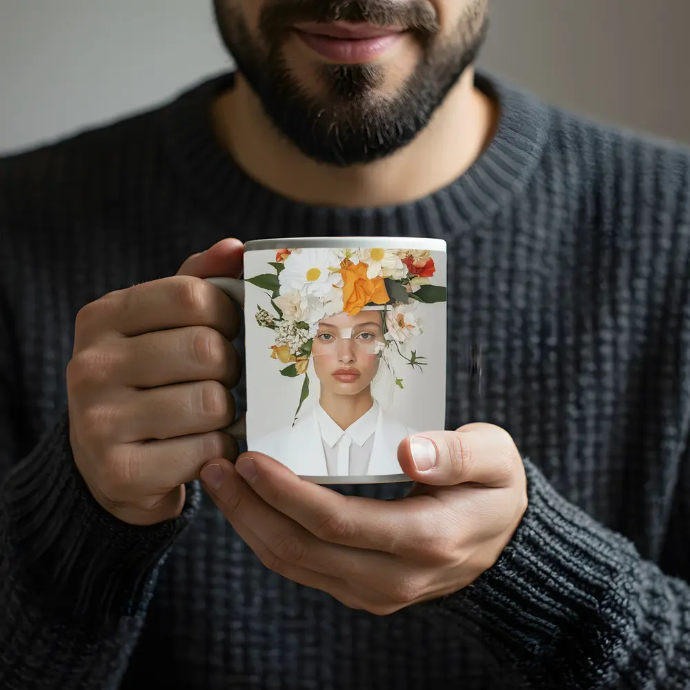 Woman White Suit Floral Crown Fashion Portrait – Mugs