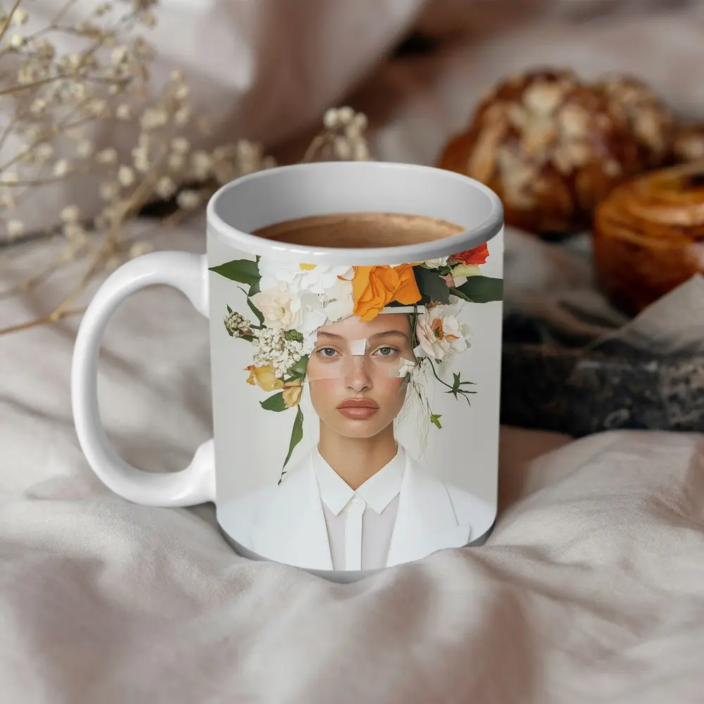 Woman White Suit Floral Crown Fashion Portrait – Mugs