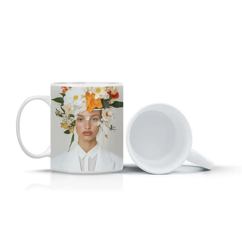 Woman White Suit Floral Crown Fashion Portrait – Mugs