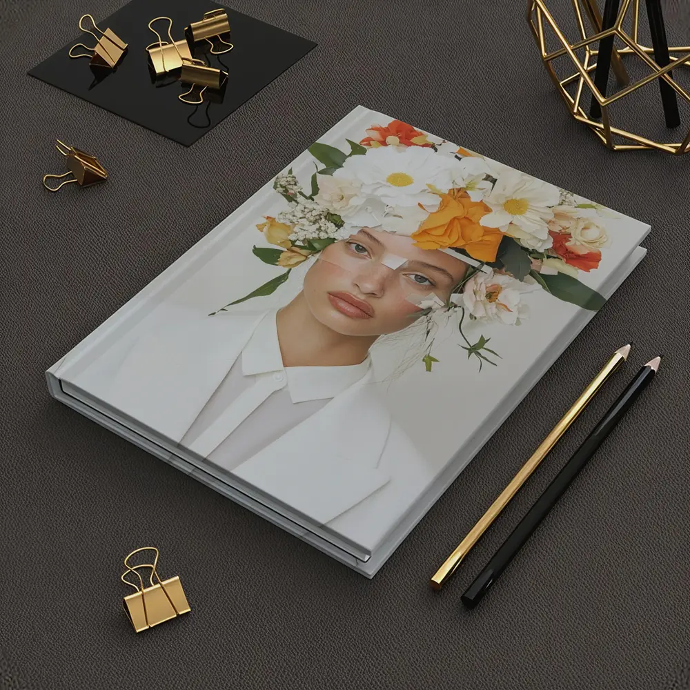 Woman White Suit Floral Crown Fashion Portrait – Notebooks