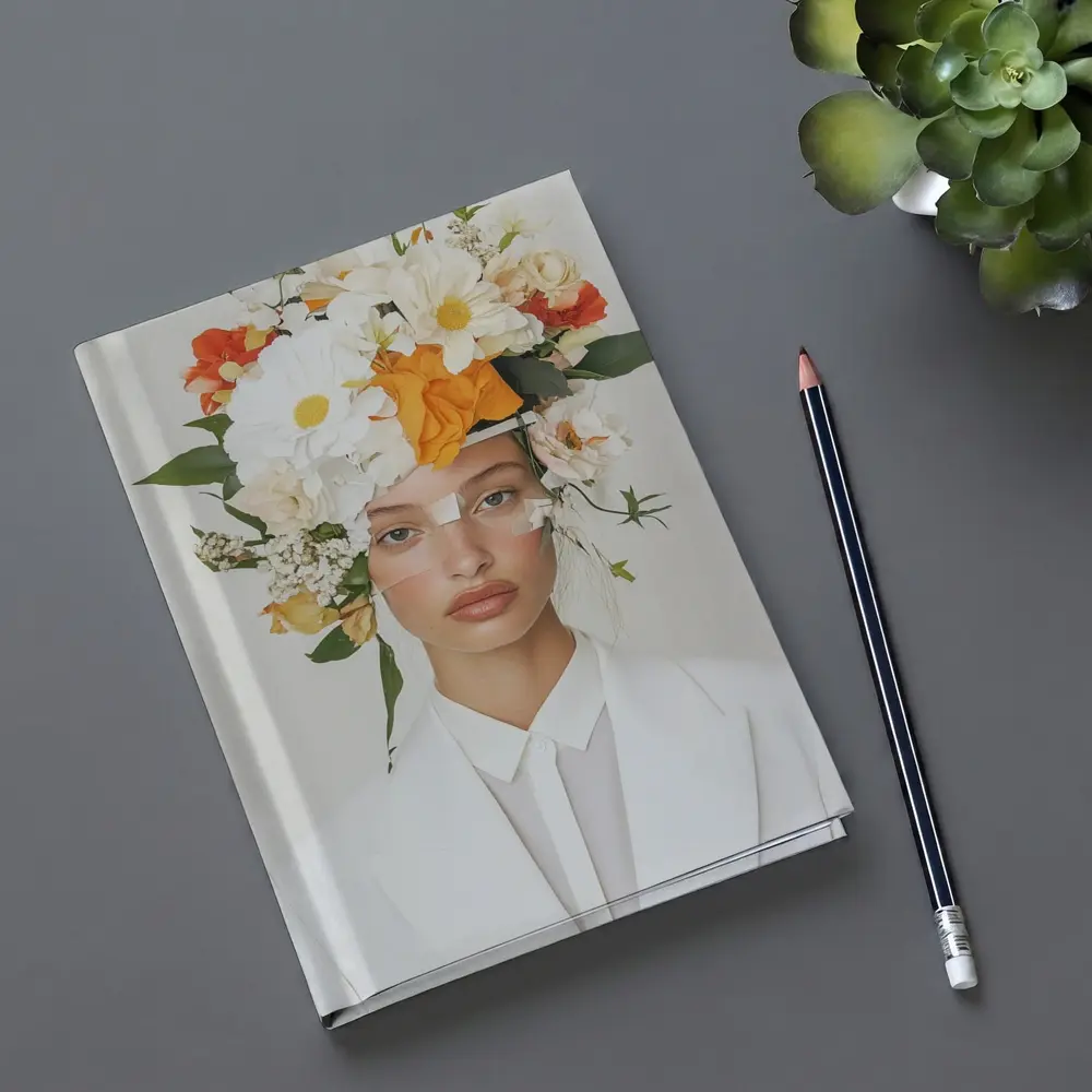 Woman White Suit Floral Crown Fashion Portrait – Notebooks