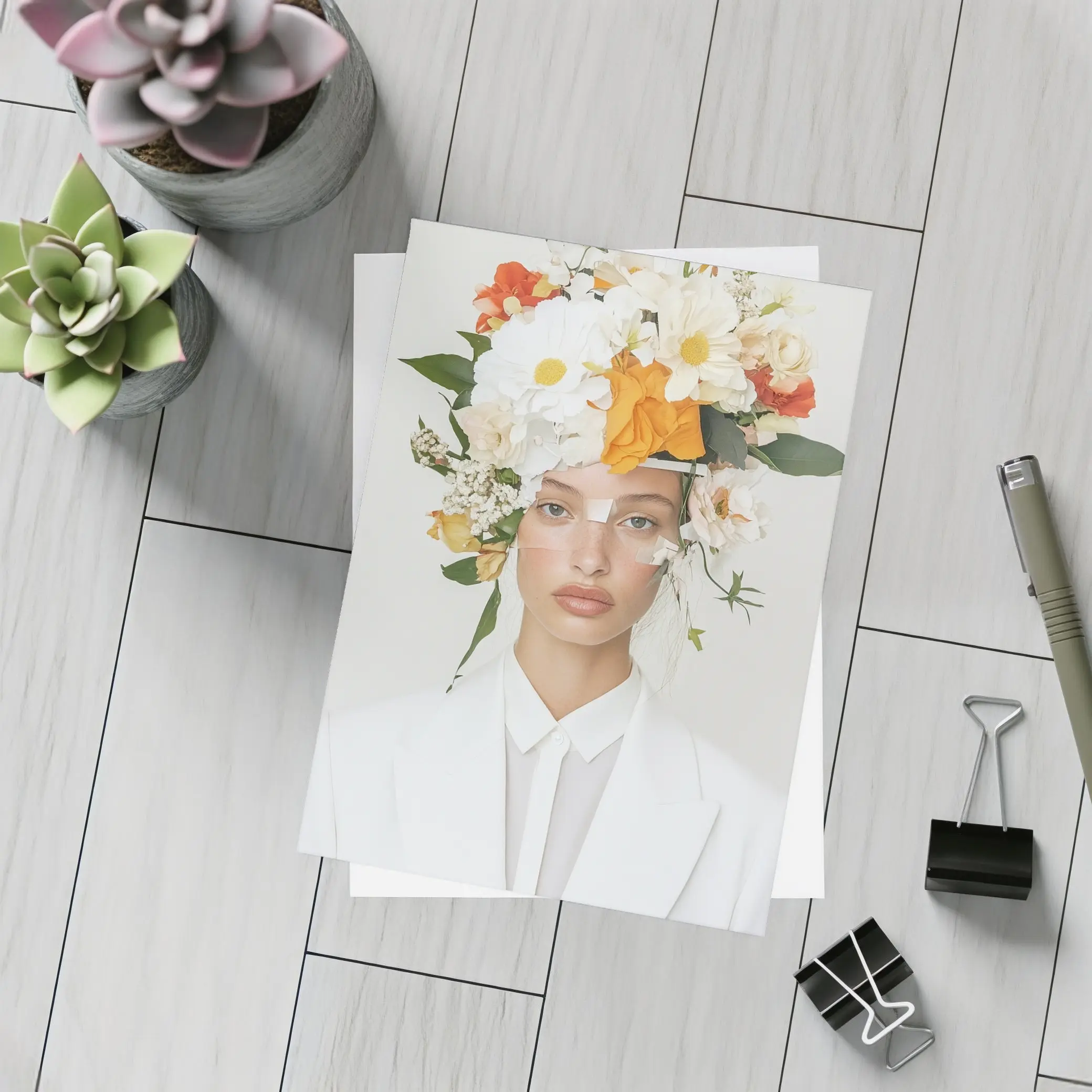 Woman White Suit Floral Crown Fashion Portrait – Postcards