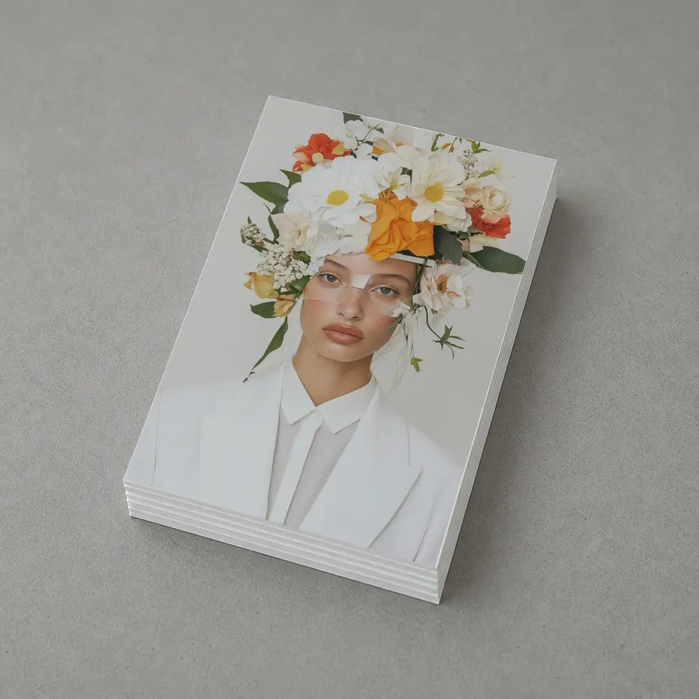 Woman White Suit Floral Crown Fashion Portrait – Postcards