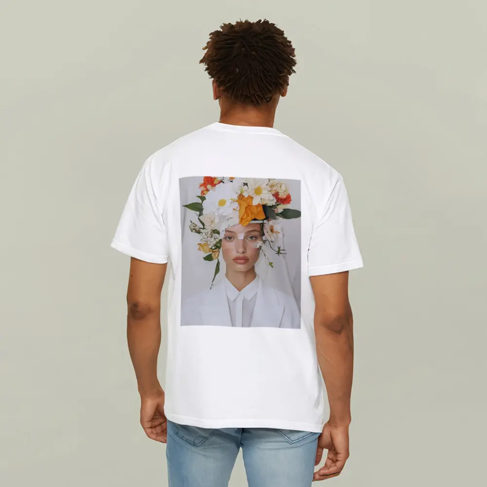 Woman White Suit Floral Crown Fashion Portrait – T-Shirts