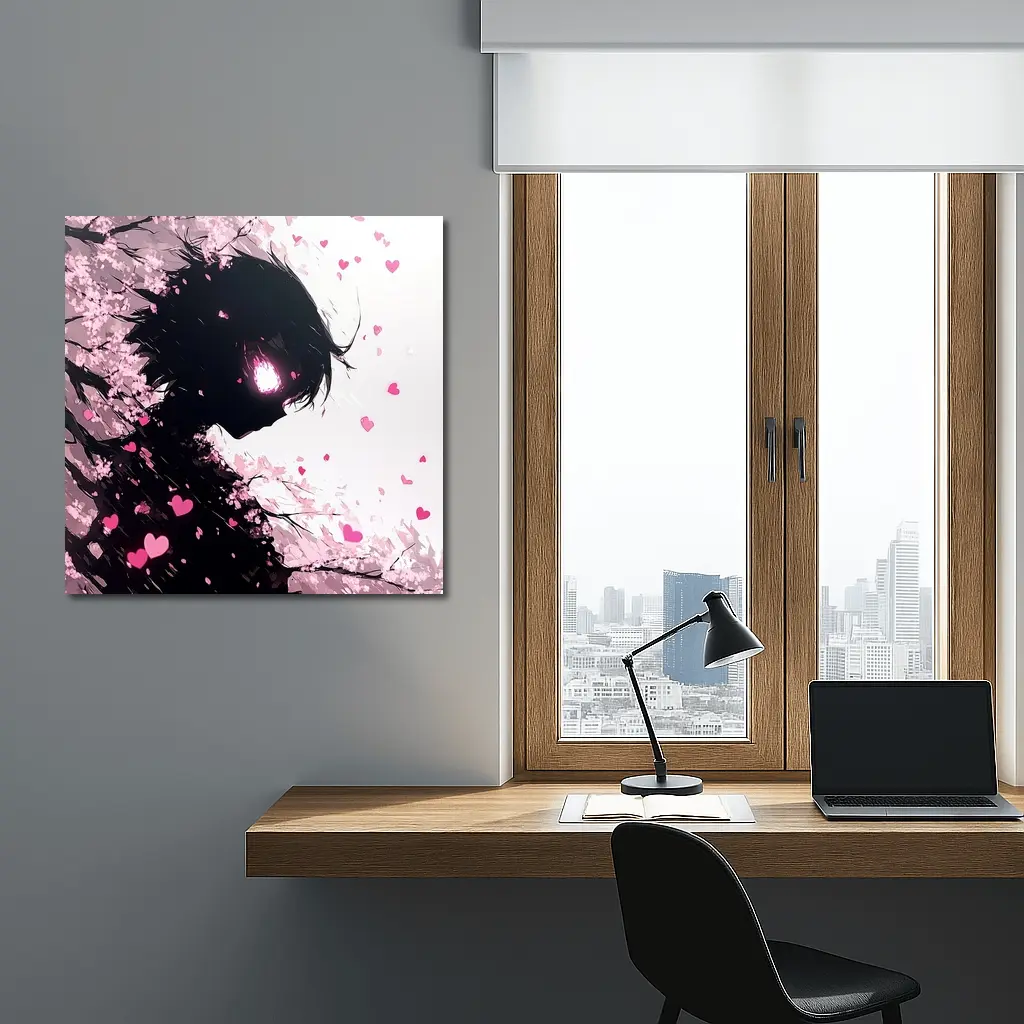 Anime Girl Silhouette Cherry Blossom Hearts – Wall Art