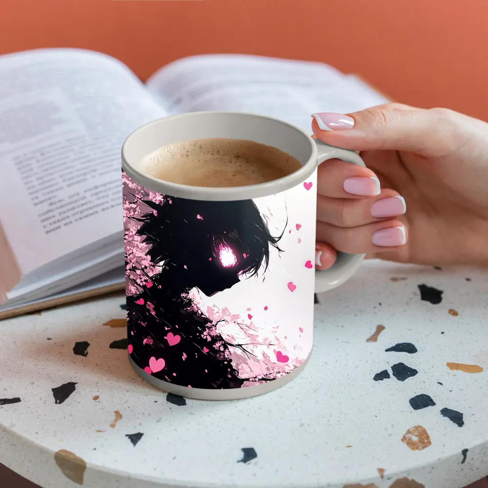 Anime Girl Silhouette Cherry Blossom Hearts – Mugs