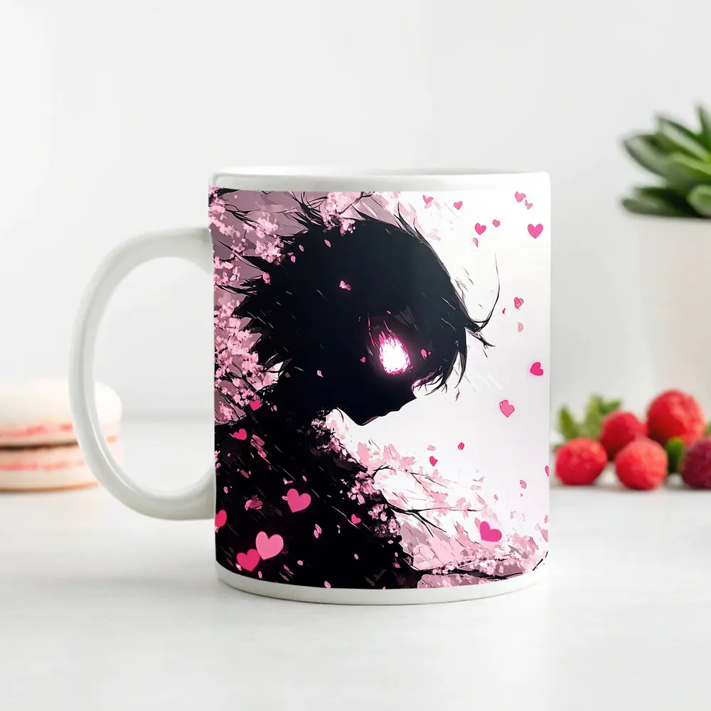 Anime Girl Silhouette Cherry Blossom Hearts – Mugs
