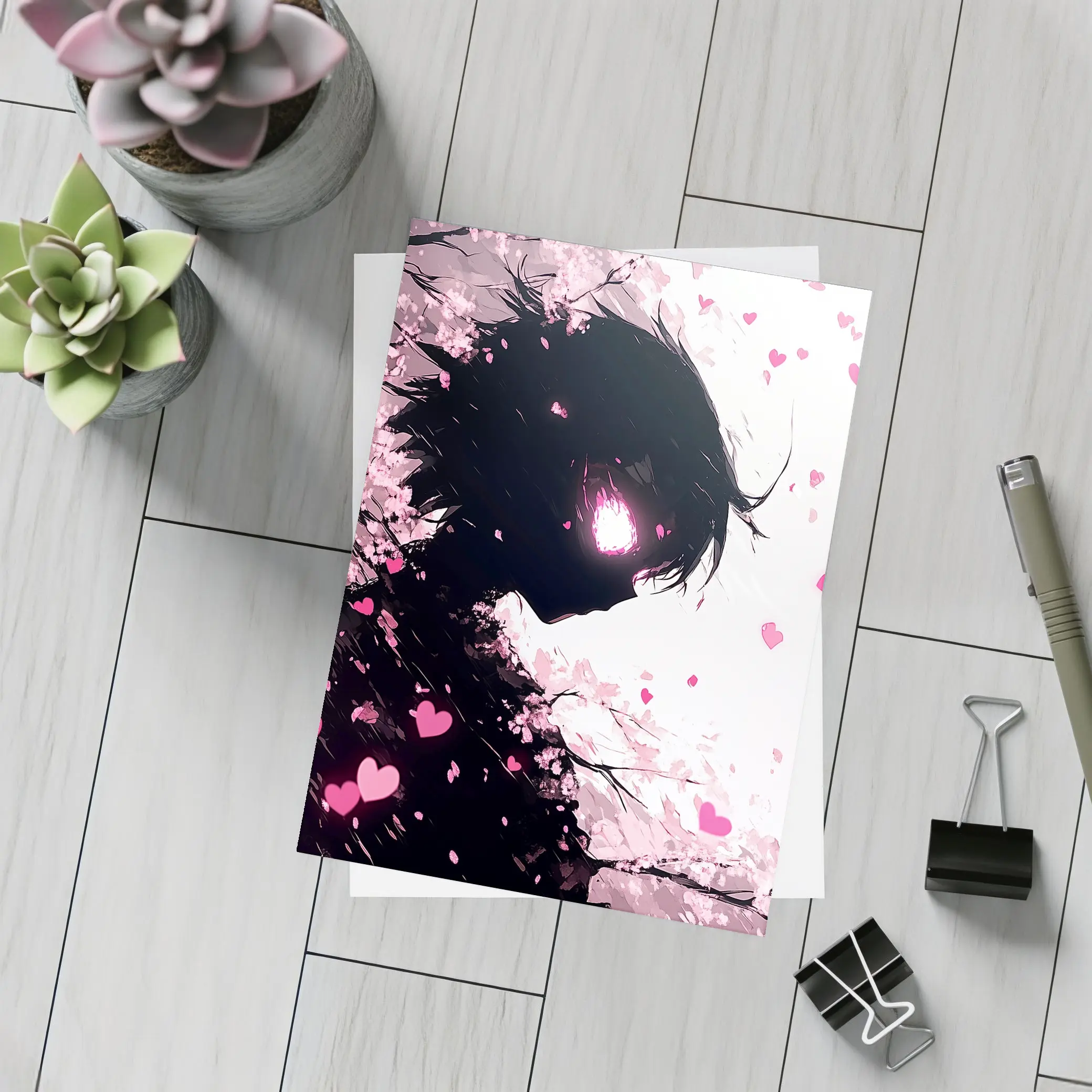 Anime Girl Silhouette Cherry Blossom Hearts – Postcards