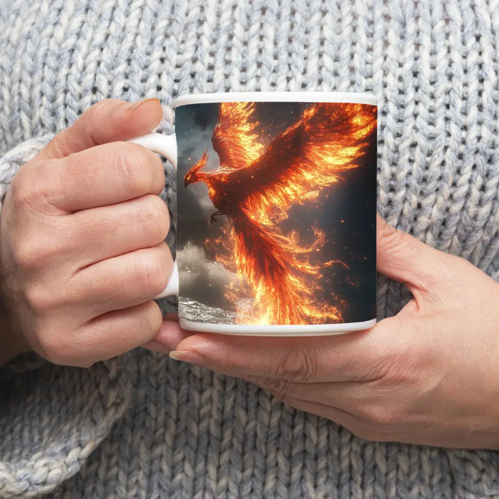 Phoenix Rising From Ocean Flames Dark Sky – Mugs