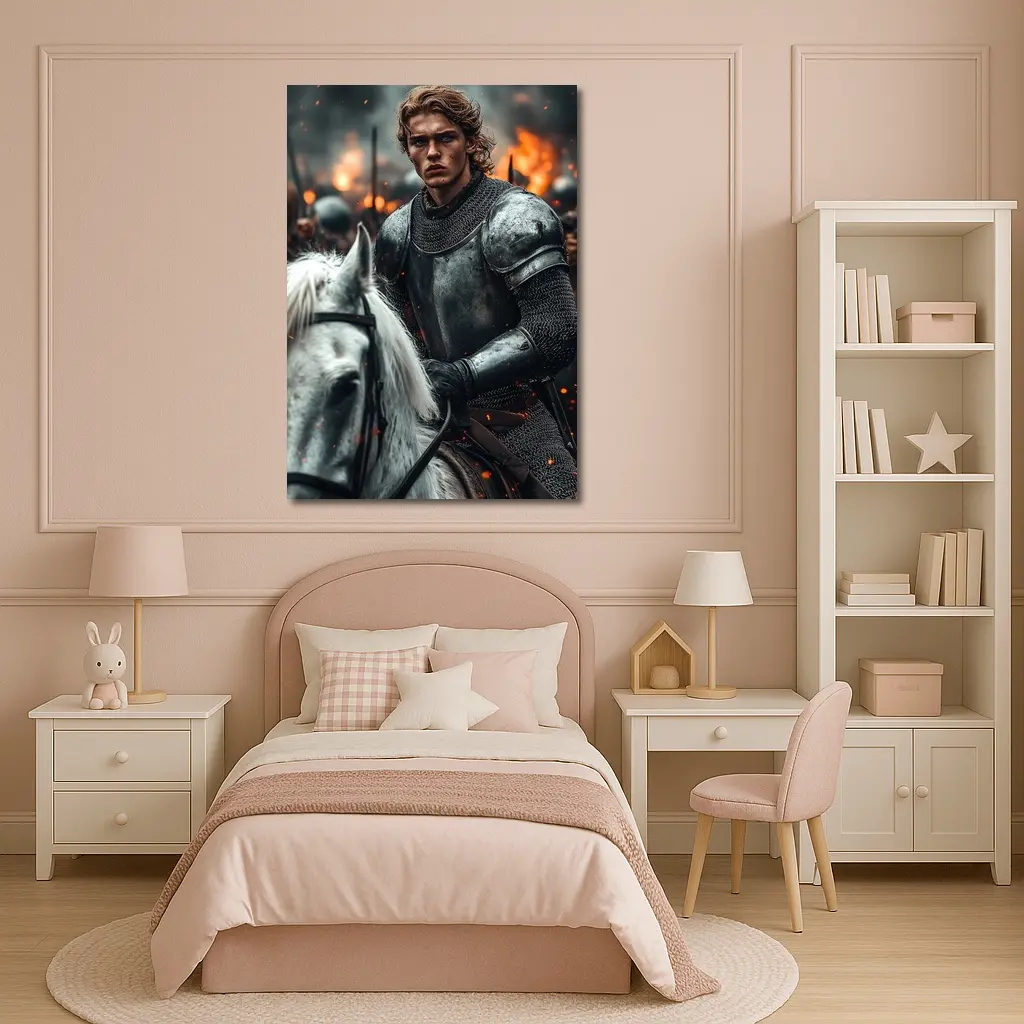 Knight in Armor Riding White Horse Battle – Wall Art