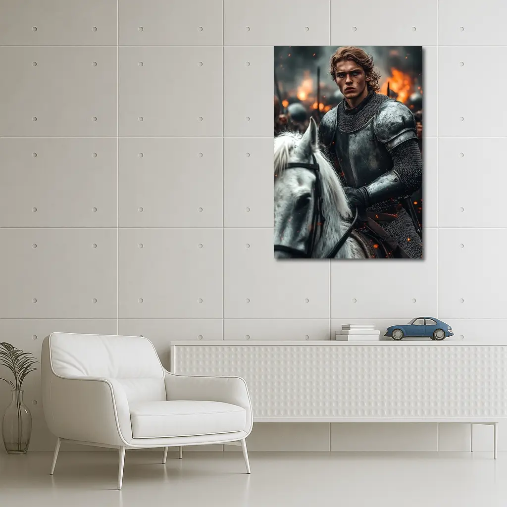 Knight in Armor Riding White Horse Battle – Wall Art
