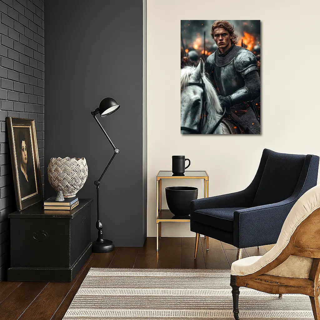 Knight in Armor Riding White Horse Battle – Wall Art