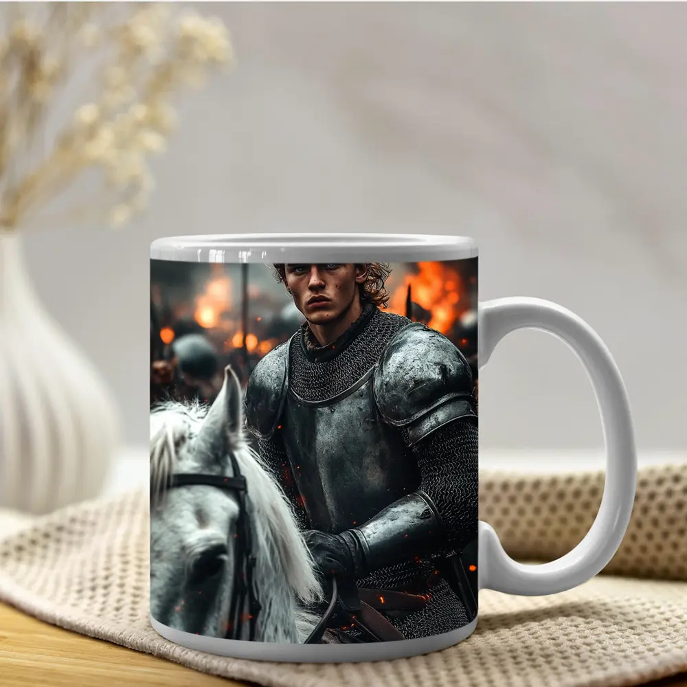 Knight in Armor Riding White Horse Battle – Mugs