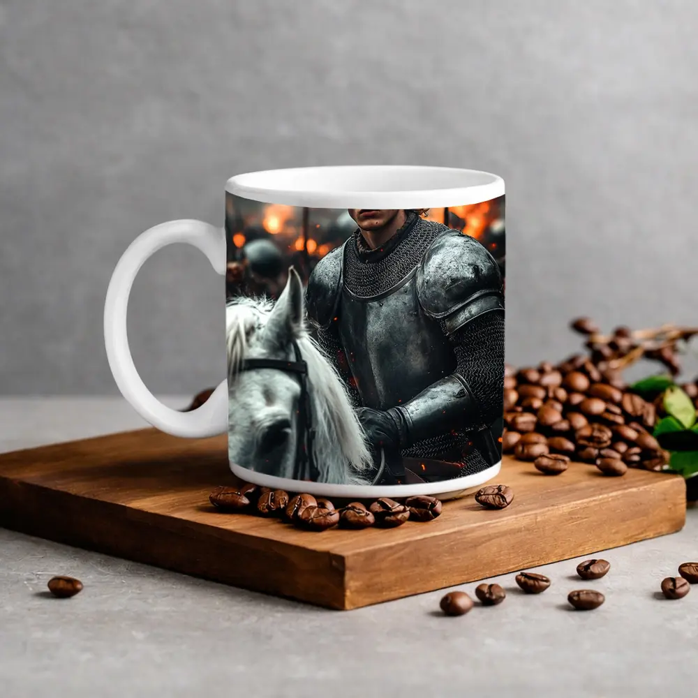 Knight in Armor Riding White Horse Battle – Mugs