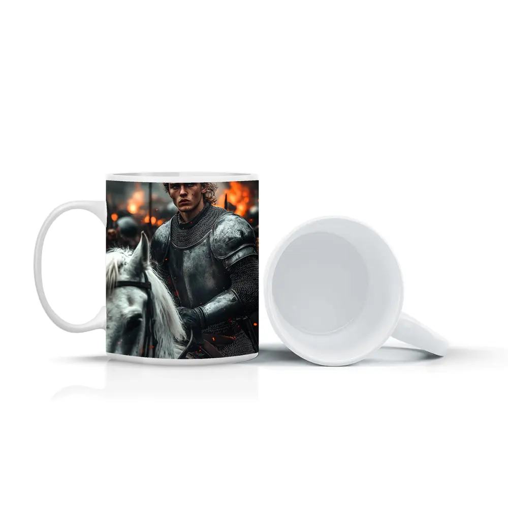 Knight in Armor Riding White Horse Battle – Mugs
