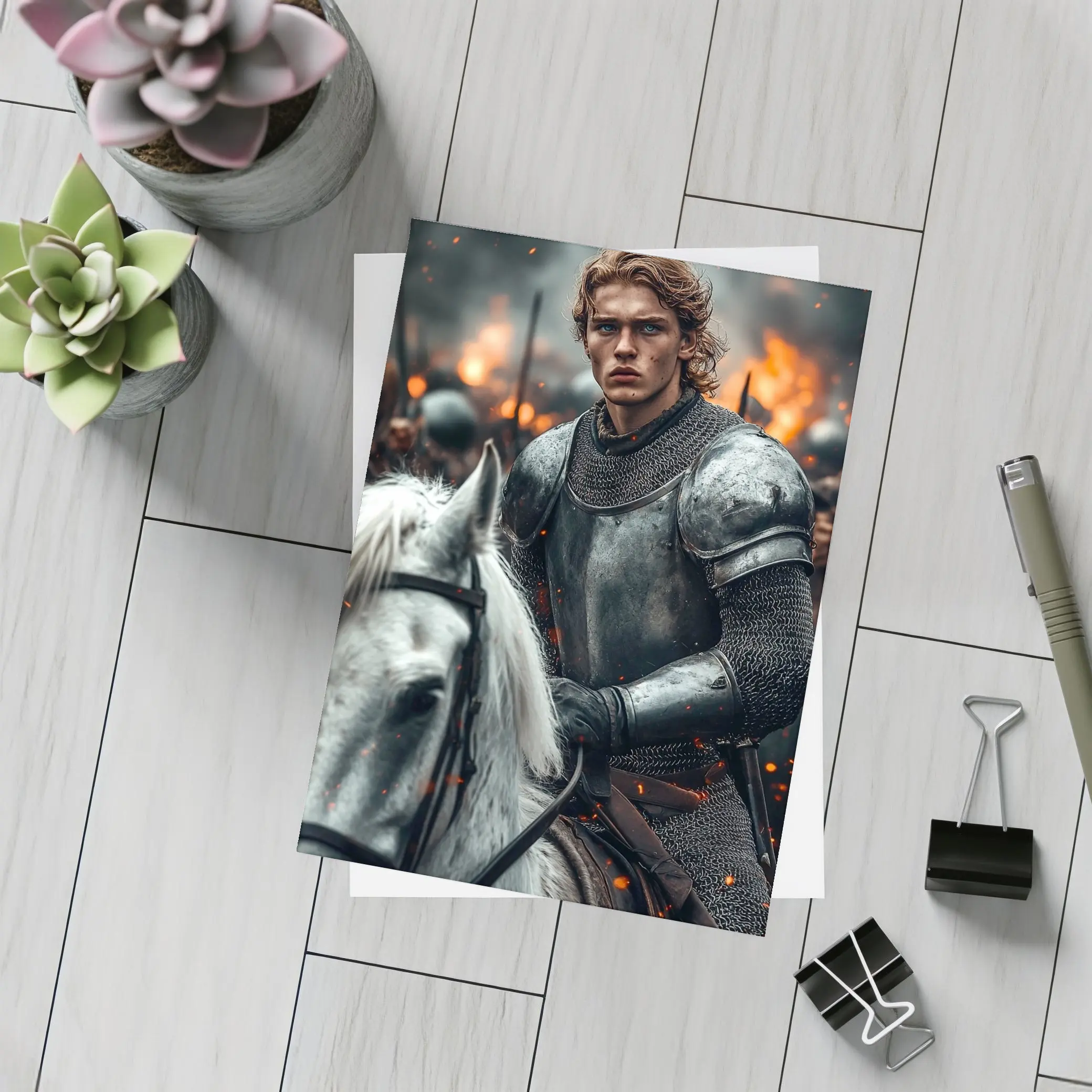 Knight in Armor Riding White Horse Battle – Postcards