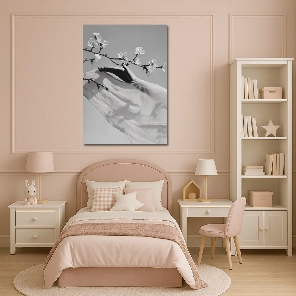Hand Reaching Cherry Blossom Branch Black White – Wall Art