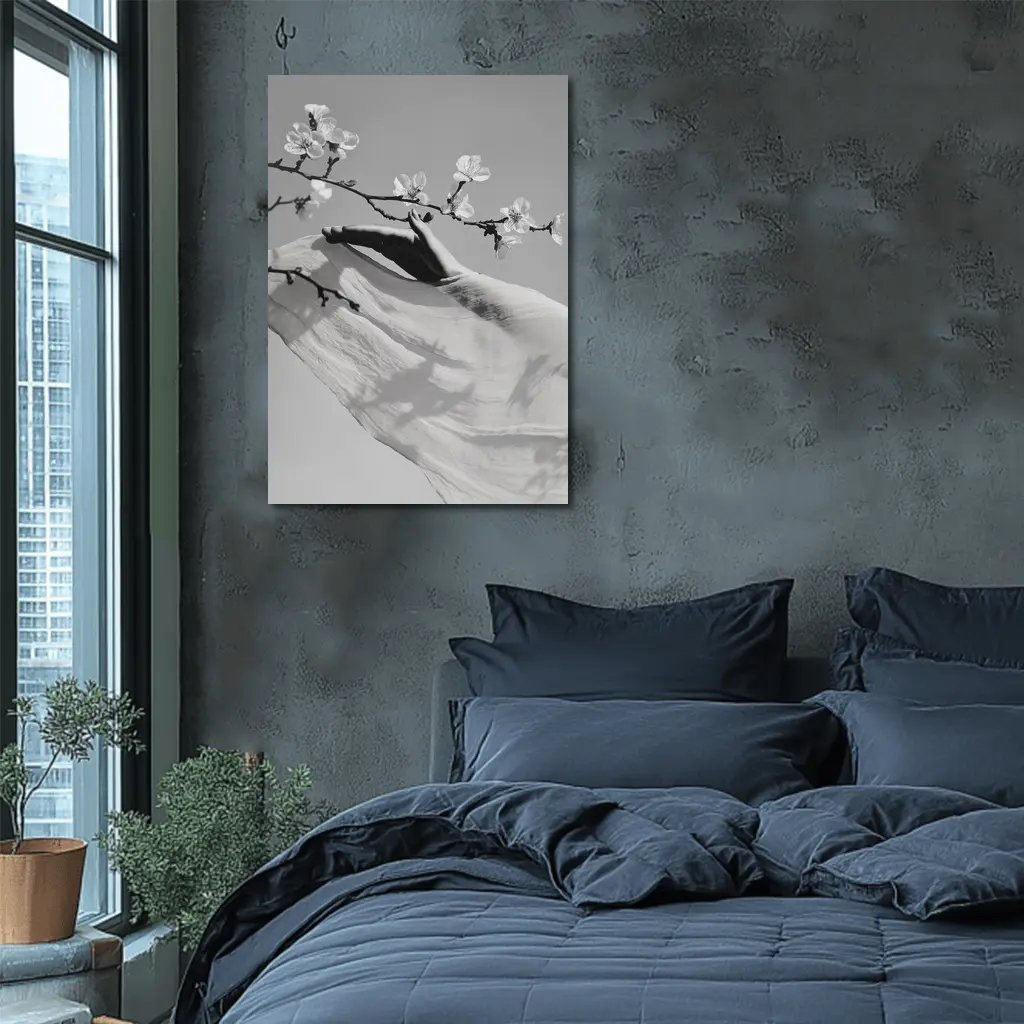 Hand Reaching Cherry Blossom Branch Black White – Wall Art