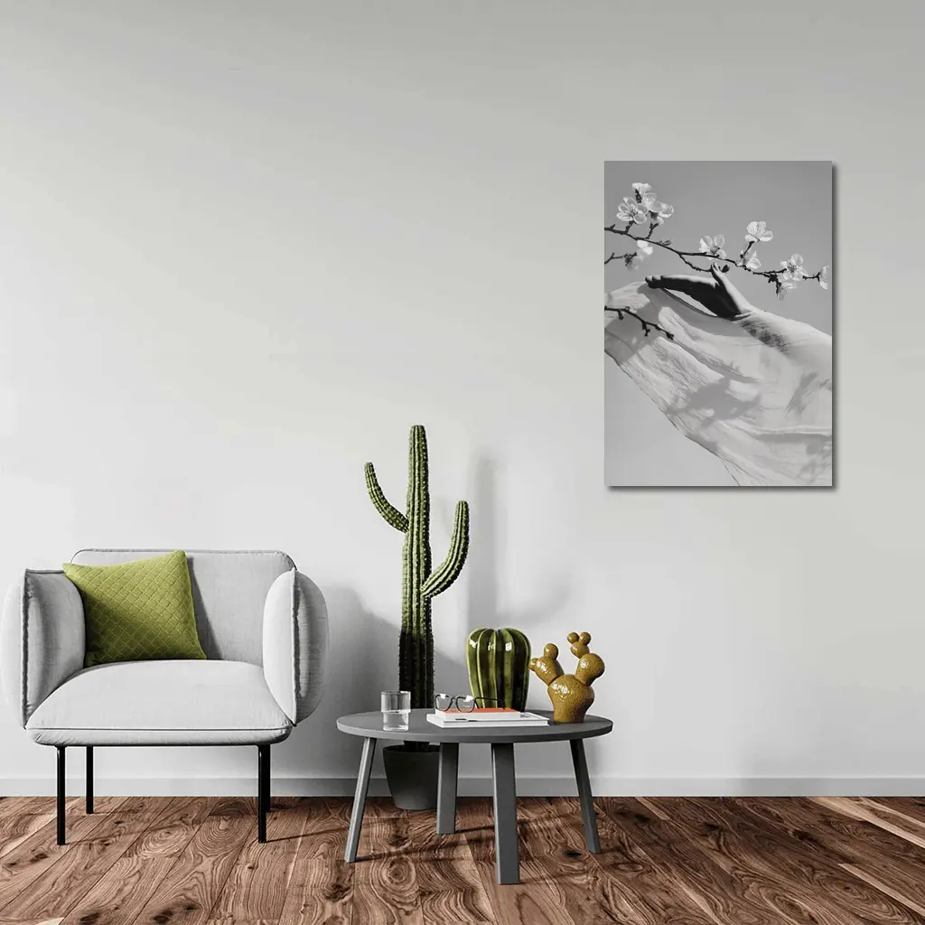 Hand Reaching Cherry Blossom Branch Black White – Wall Art