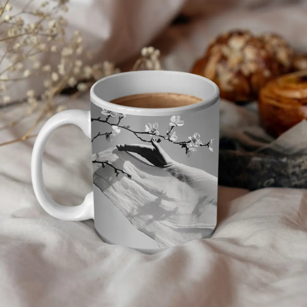 Hand Reaching Cherry Blossom Branch Black White – Mugs
