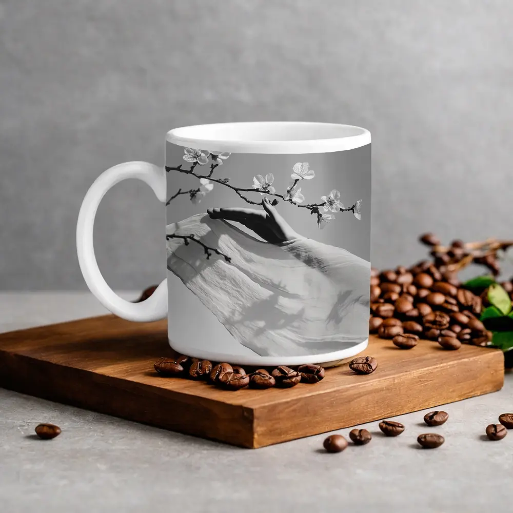 Hand Reaching Cherry Blossom Branch Black White – Mugs
