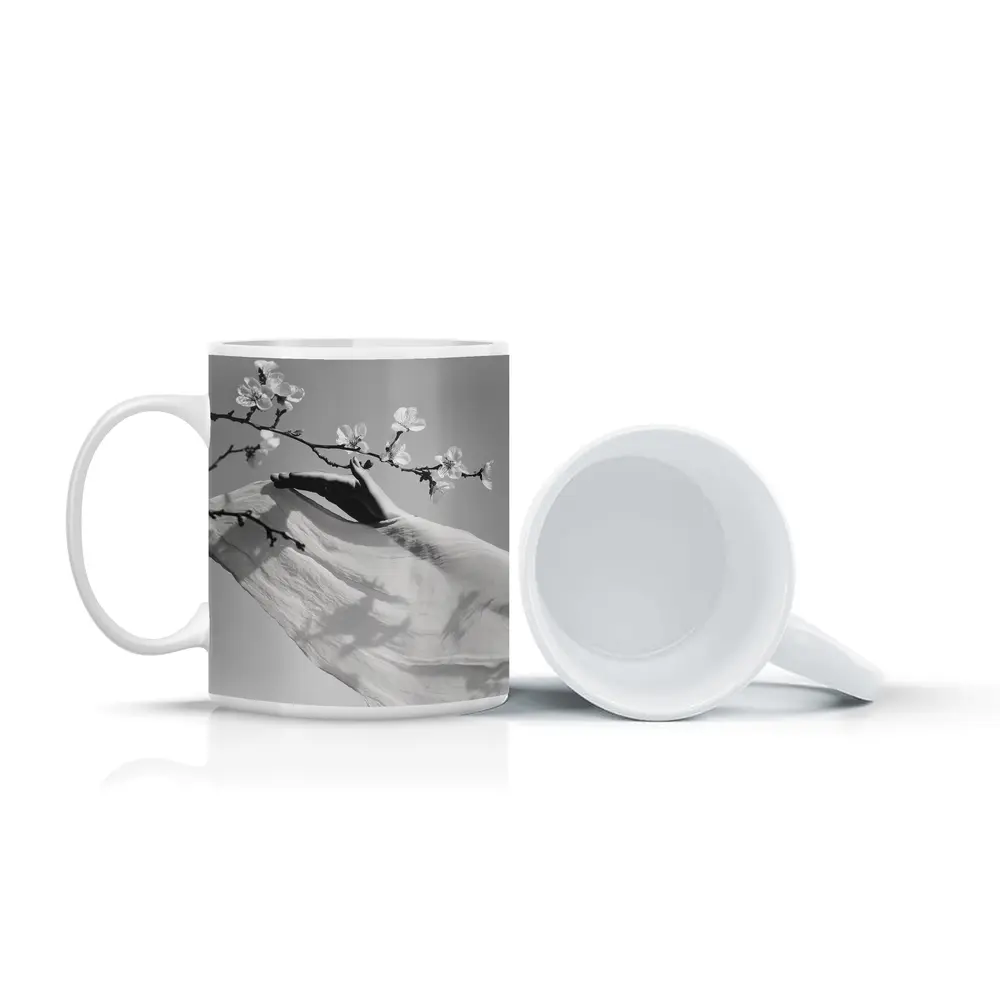 Hand Reaching Cherry Blossom Branch Black White – Mugs
