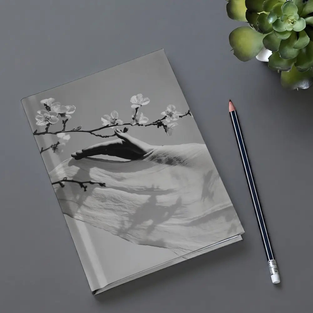 Hand Reaching Cherry Blossom Branch Black White – Notebooks