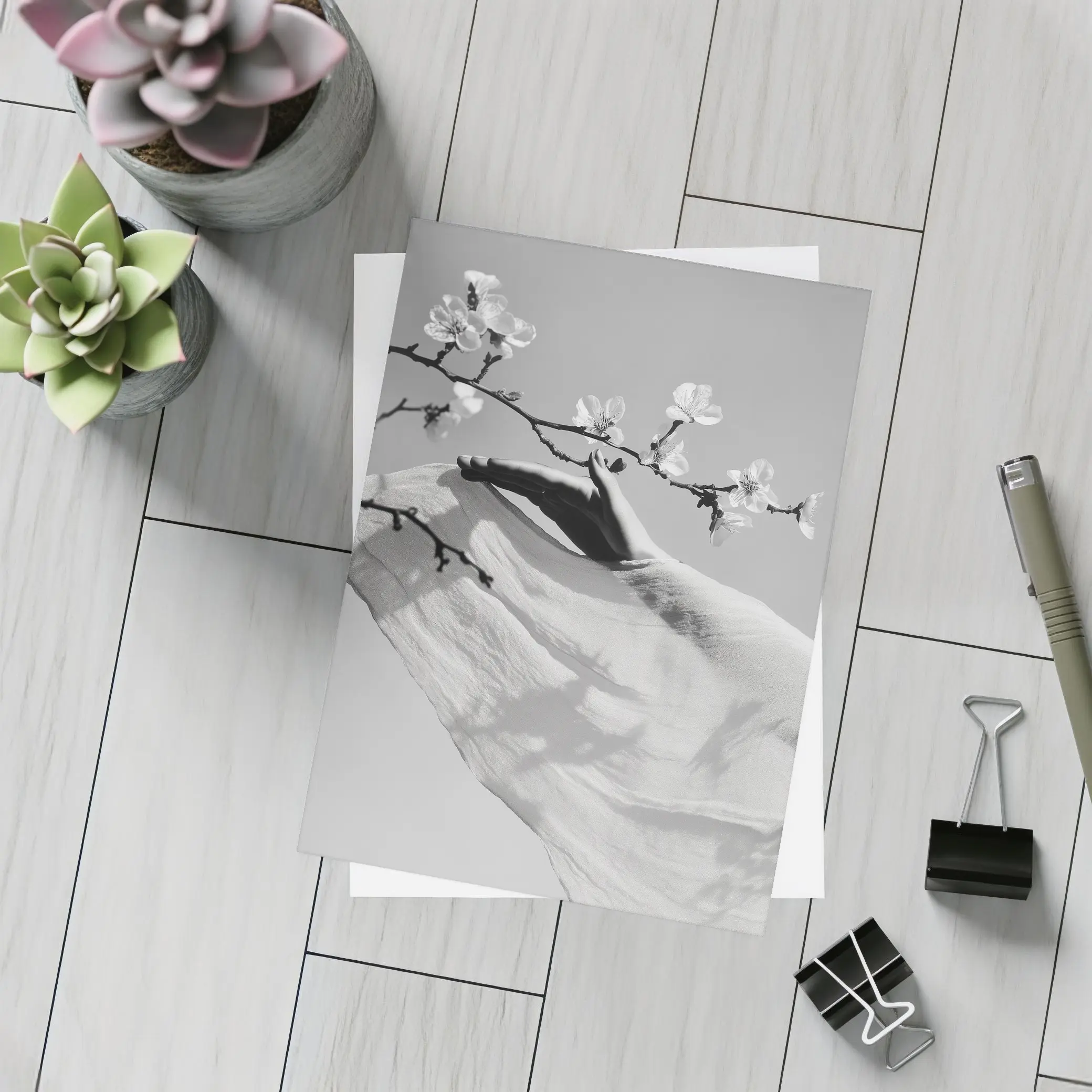 Hand Reaching Cherry Blossom Branch Black White – Postcards